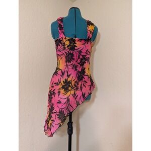 Cache Vintage Y2K Pink Orange Ombre Floral Beaded Asymmetrical Mesh Tunic Large